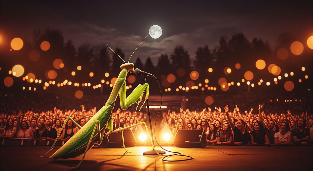 An AI-generated image of a Praying Mantis singing live on stage to an enthusiastic festival crowd.